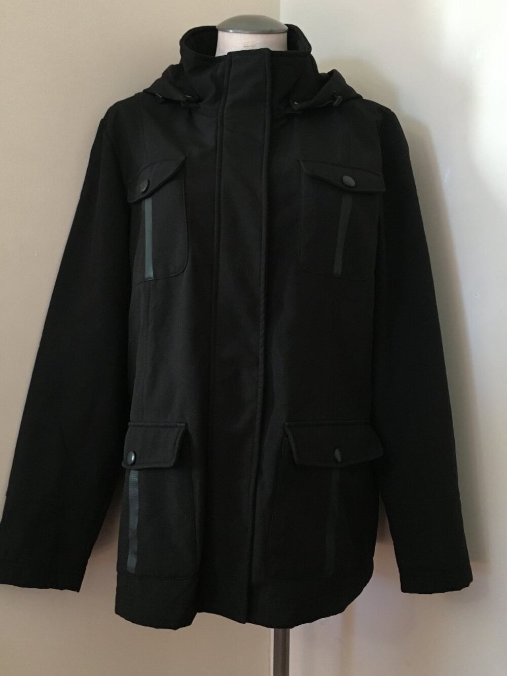 [Novelti] Black Fleece Lined High Collar Hooded Raincoat | L | Good